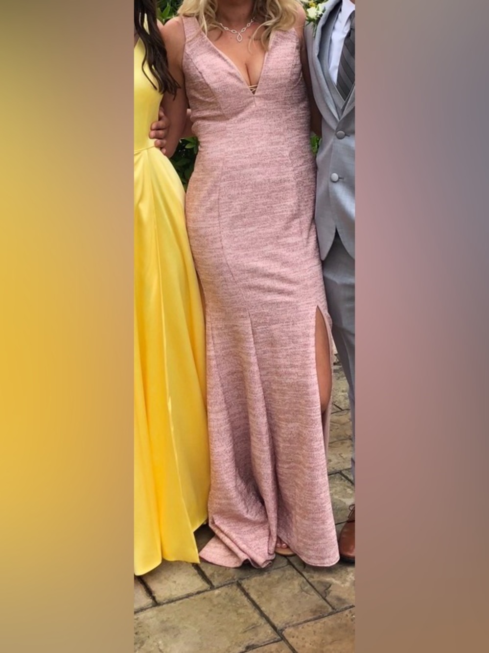 Light pink sparkly prom dress with leg slit and cross back detailing -size 5/6